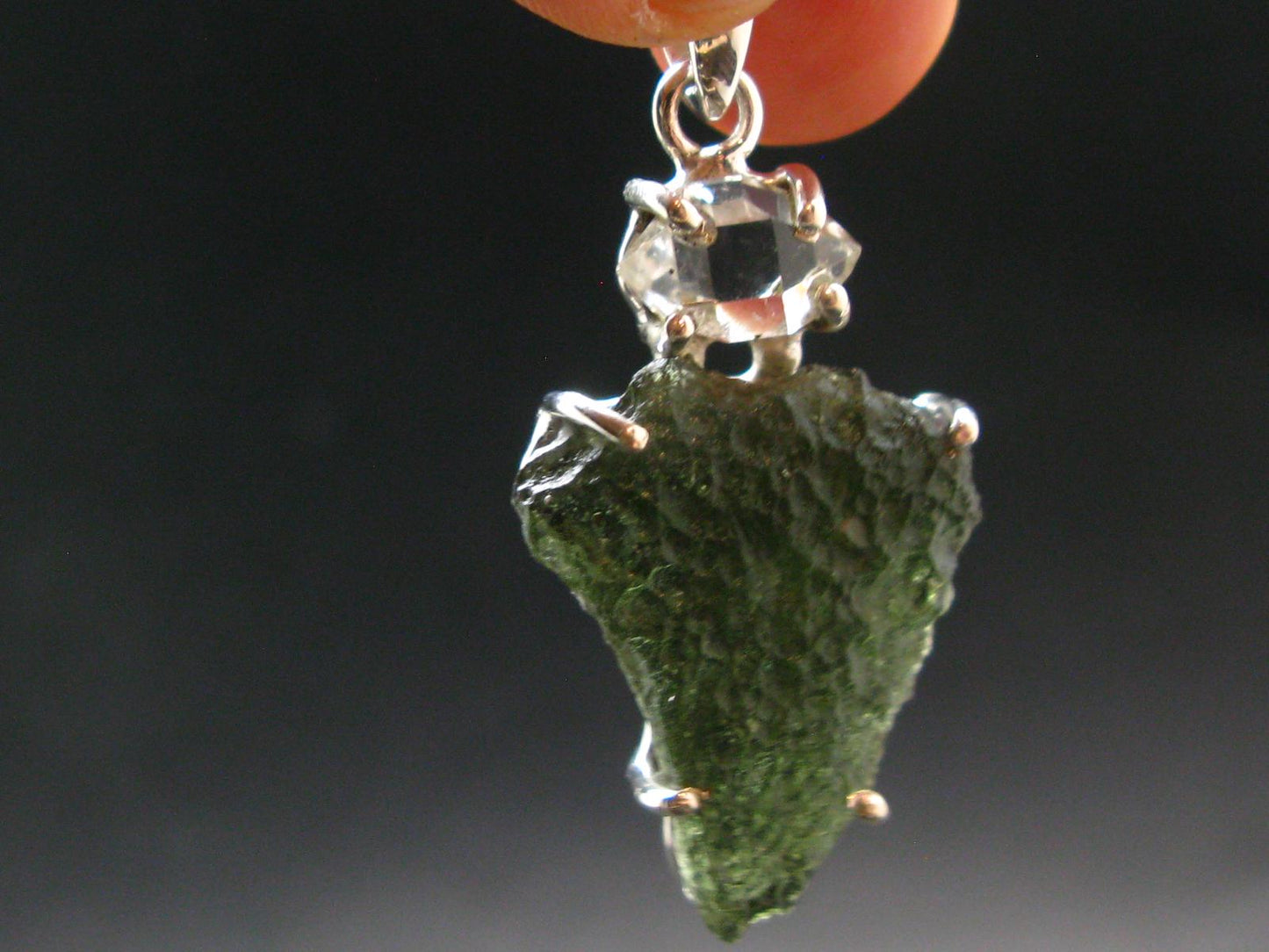 Moldavite & Herkimer Diamond Silver Pendant - 1.7" - 6.7 Grams