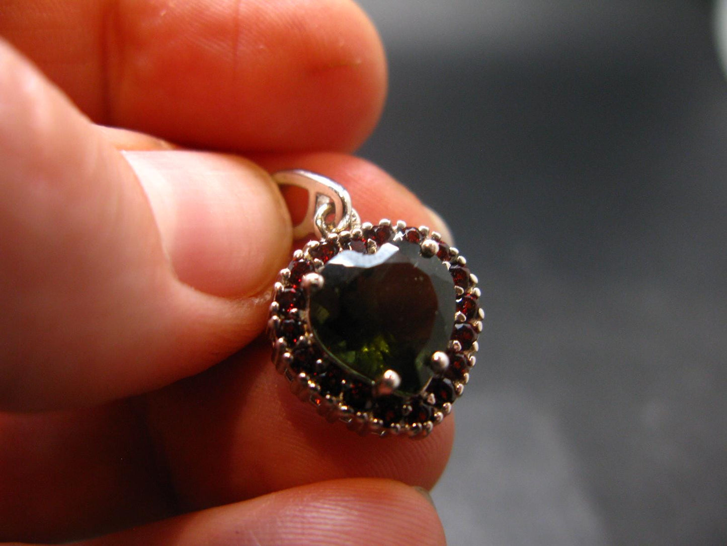 Moldavite Tektite & Red Garnet Silver Pendant from Czech Republic - 0.9"
