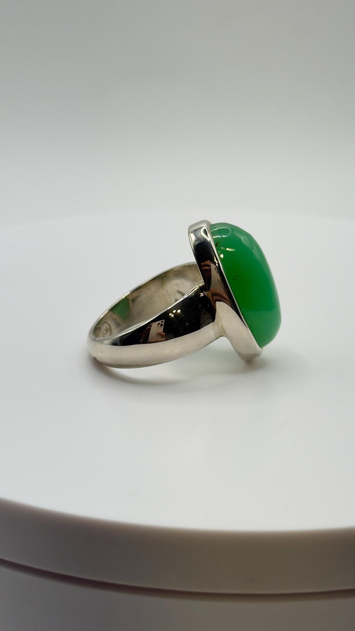 Chrysoprase Oval Ring – Natural Green Chalcedony Sterling Silver Statement Jewelry - Size 8.5