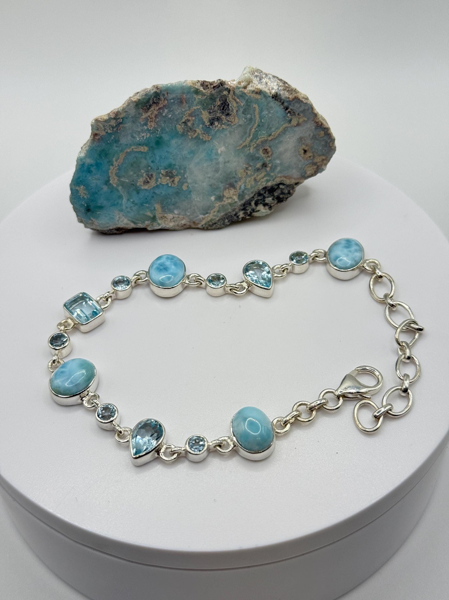Larimar and Blue Topaz Silver Bracelet Ocean Gemstone Adjustable Link Bracelet Gift