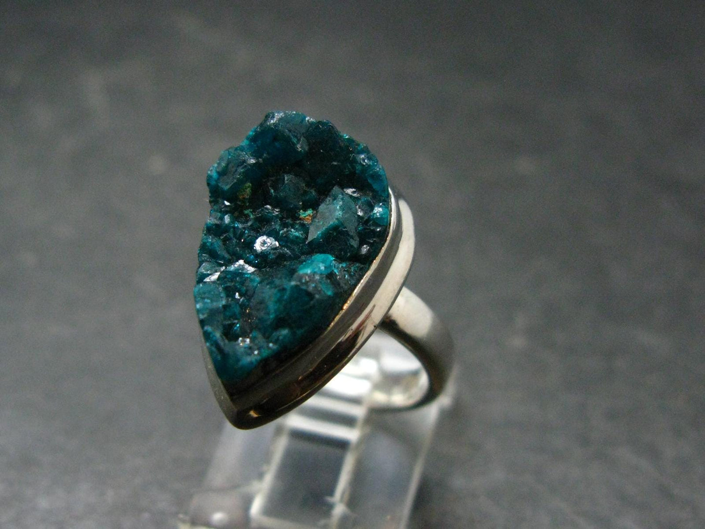 Emerald Green Dioptase Crystal Silver Ring from Congo - 5.85 Grams - Size 6