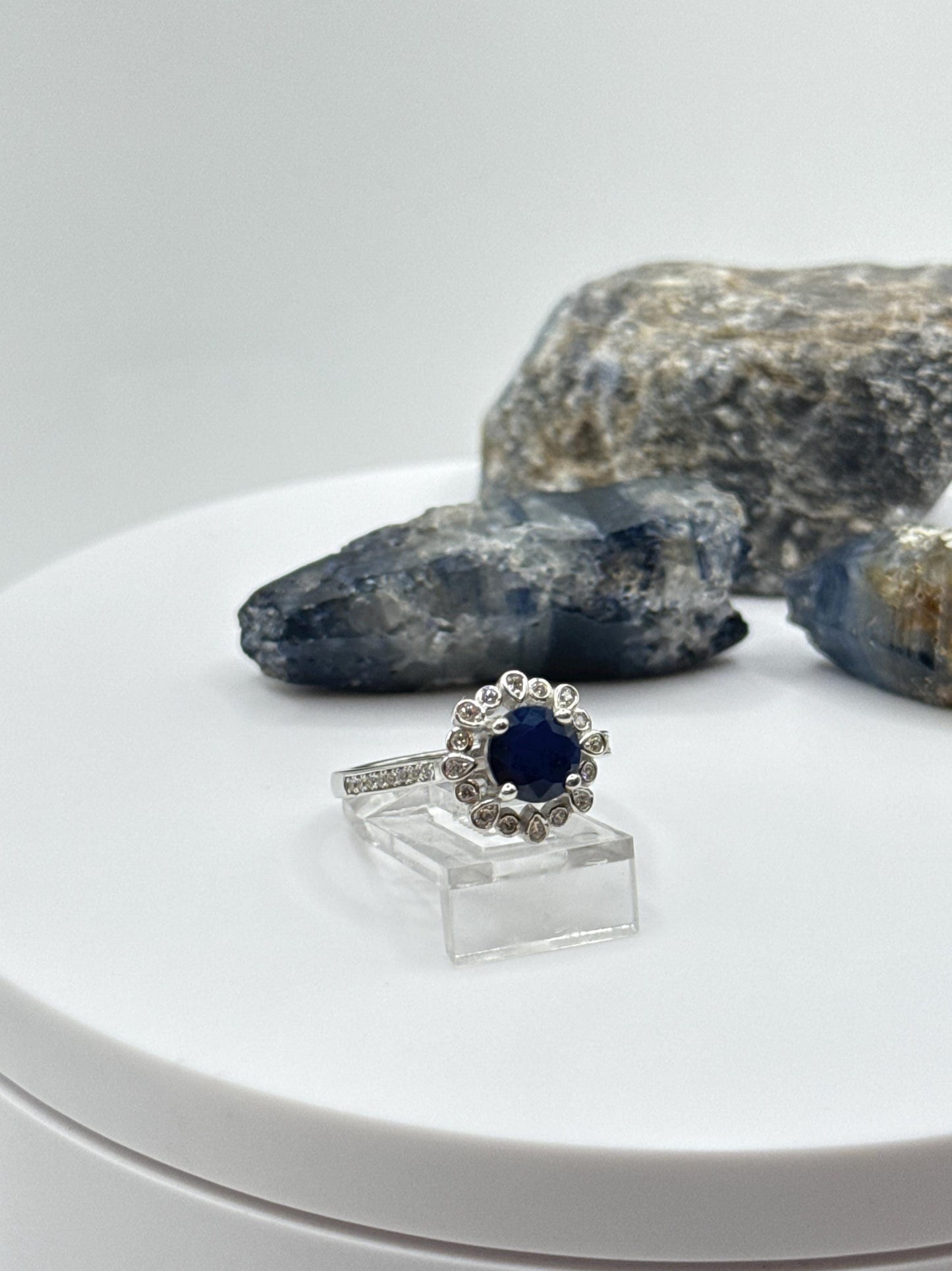 Blue Sapphire Halo Ring: Sterling Silver September Birthstone - Size 7