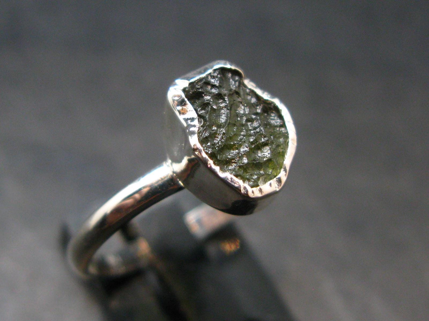 Moldavite Tektite Silver Ring from Czech Republic - 7 Size - 1.77 Grams
