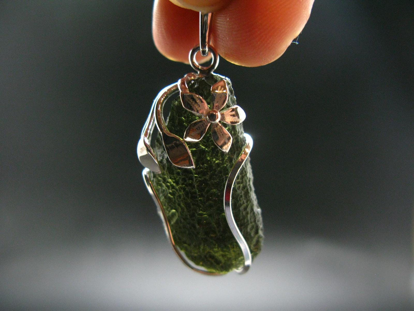 Large Gem Moldavite Tektite SS Pendant From Czech Republic - 8.25 Grams - 1.8"
