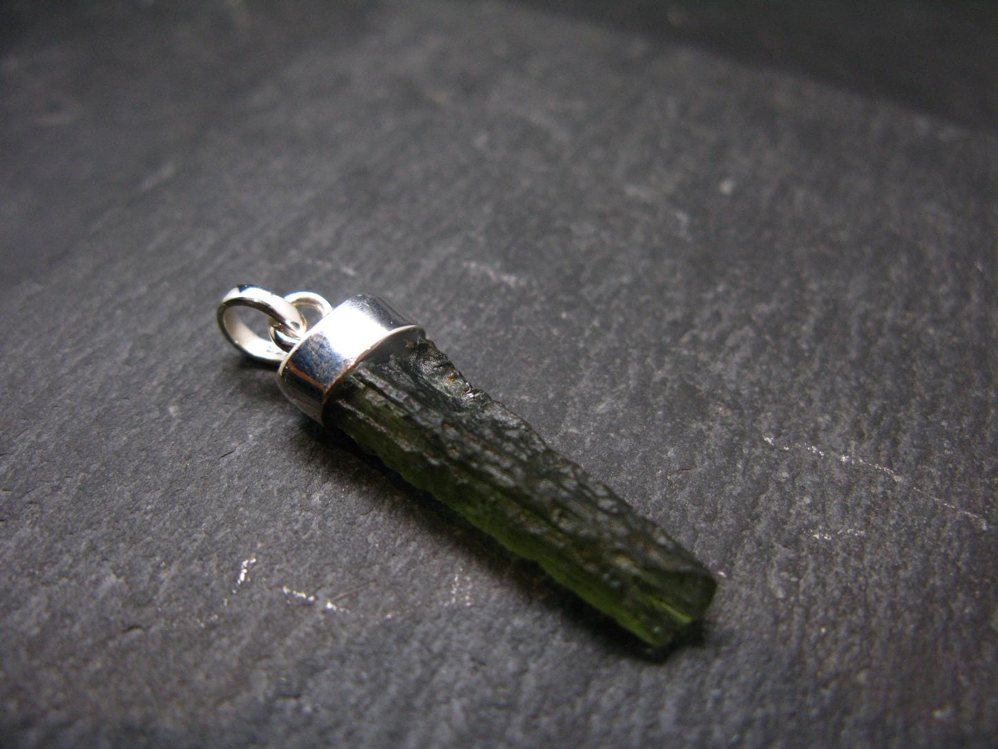 Gem Moldavite Tektite SS Pendant From Czech Republic - 1.5" - 2.5 Grams