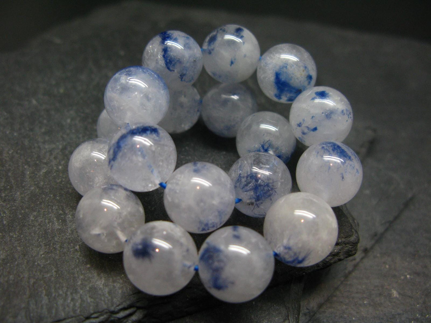 Dumortierite In Quartz Genuine Bracelet ~ 7.5 Inches ~ 12mm Round Beads