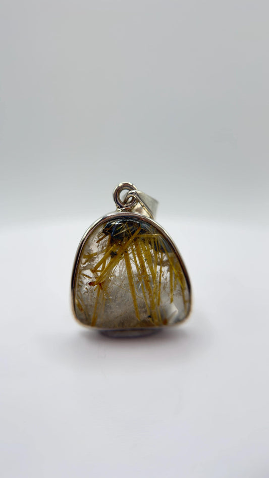Natural Rutilated Quartz Pendant in Sterling Silver – Golden Needle Inclusion Gemstone