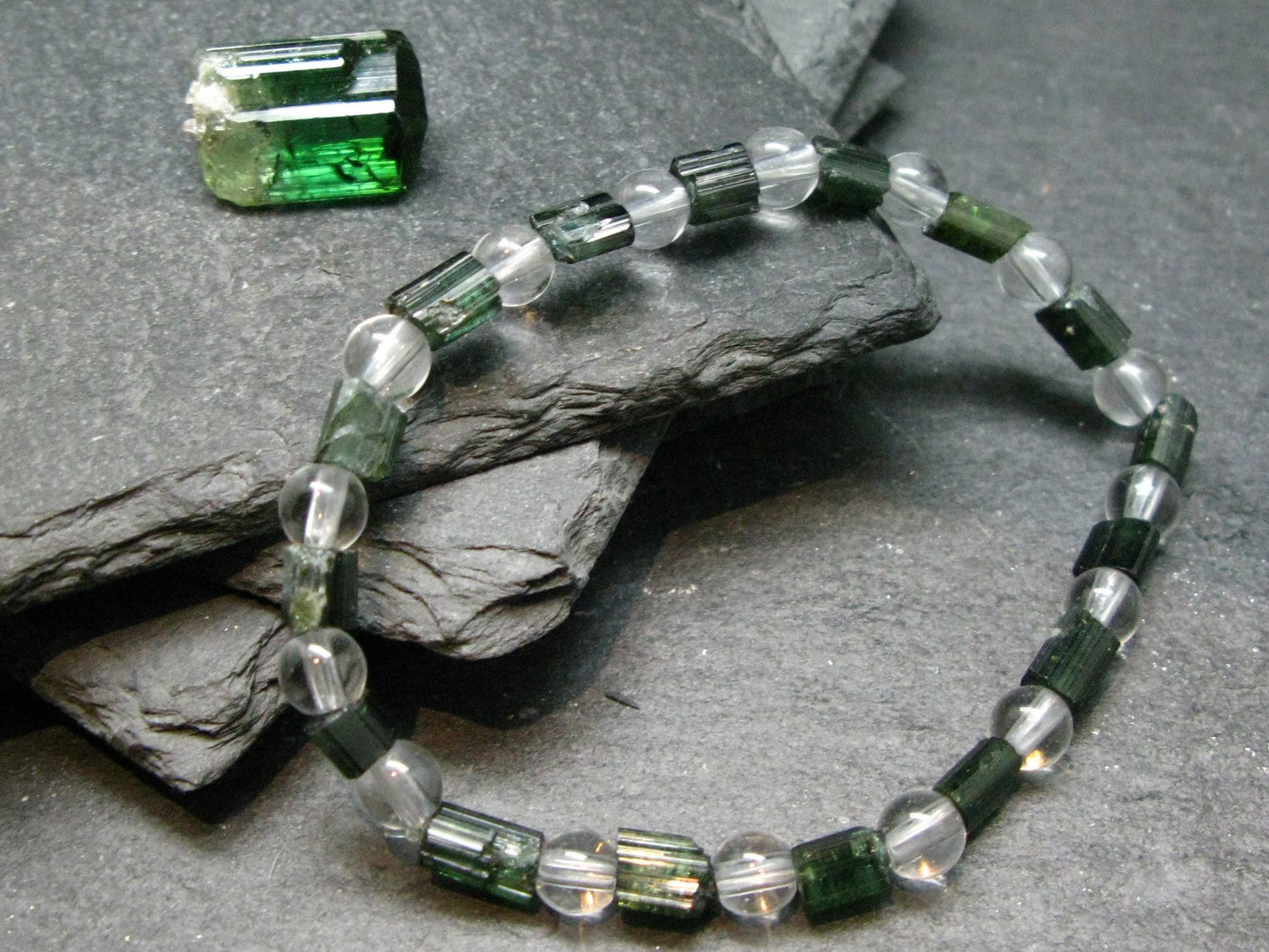Green Tourmaline & Quartz Genuine Bracelet ~ 7 Inches ~ 6mm Crystal Beads