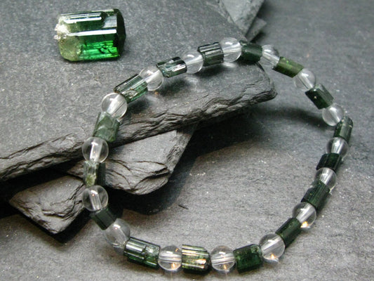 Green Tourmaline & Quartz Genuine Bracelet ~ 7 Inches ~ 6mm Crystal Beads
