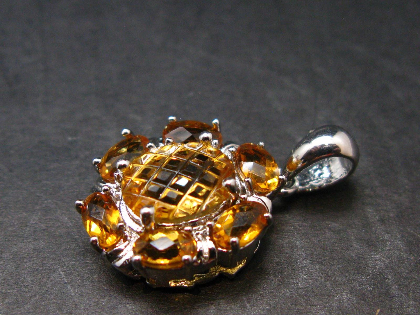 Yellow Citrine Gem Facetted Sterling Silver Pendant From Brazil With CZ - 0.9" - 3.16 Grams