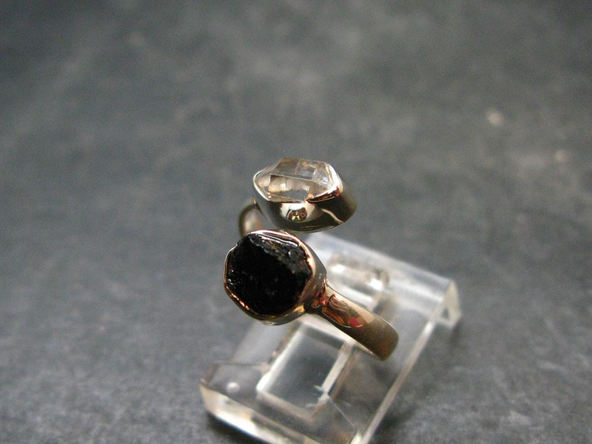 Black Tourmaline And Herkimer Diamond Silver Ring - Size 5 - 2.48 Grams