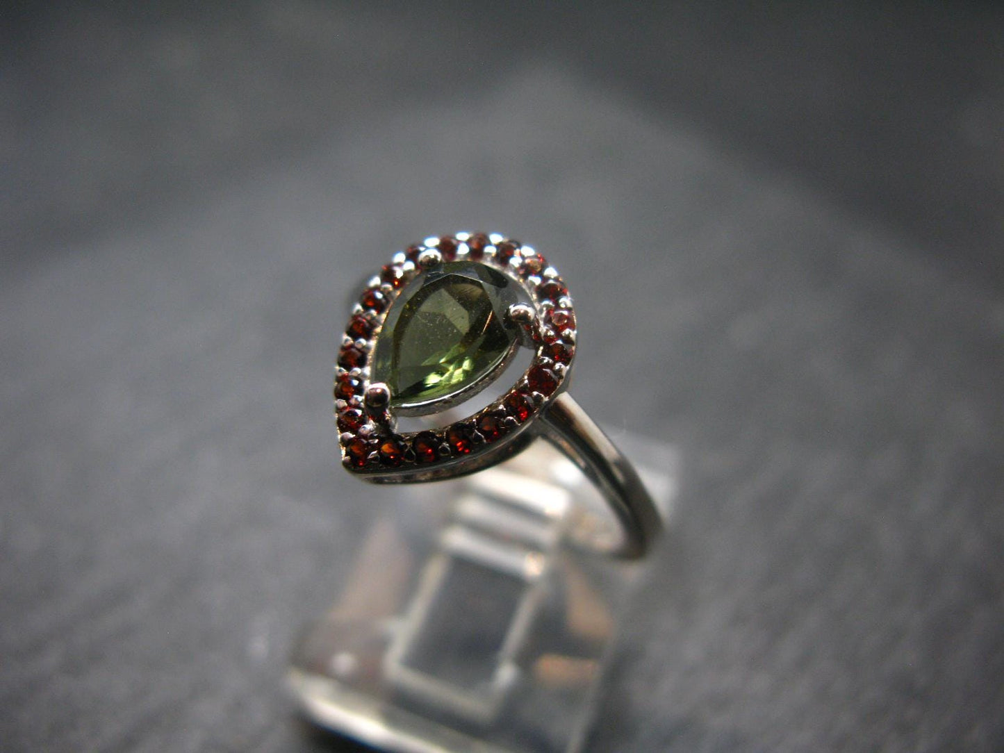 Moldavite & Red Garnet Sterling Silver Ring From Czech Republic - Size 6.25 - 2.11 Grams