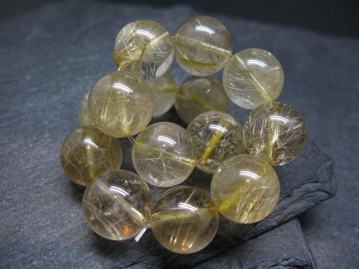Rutilated Quartz Genuine Bracelet ~ 7 Inches ~ 14mm Round Beads
