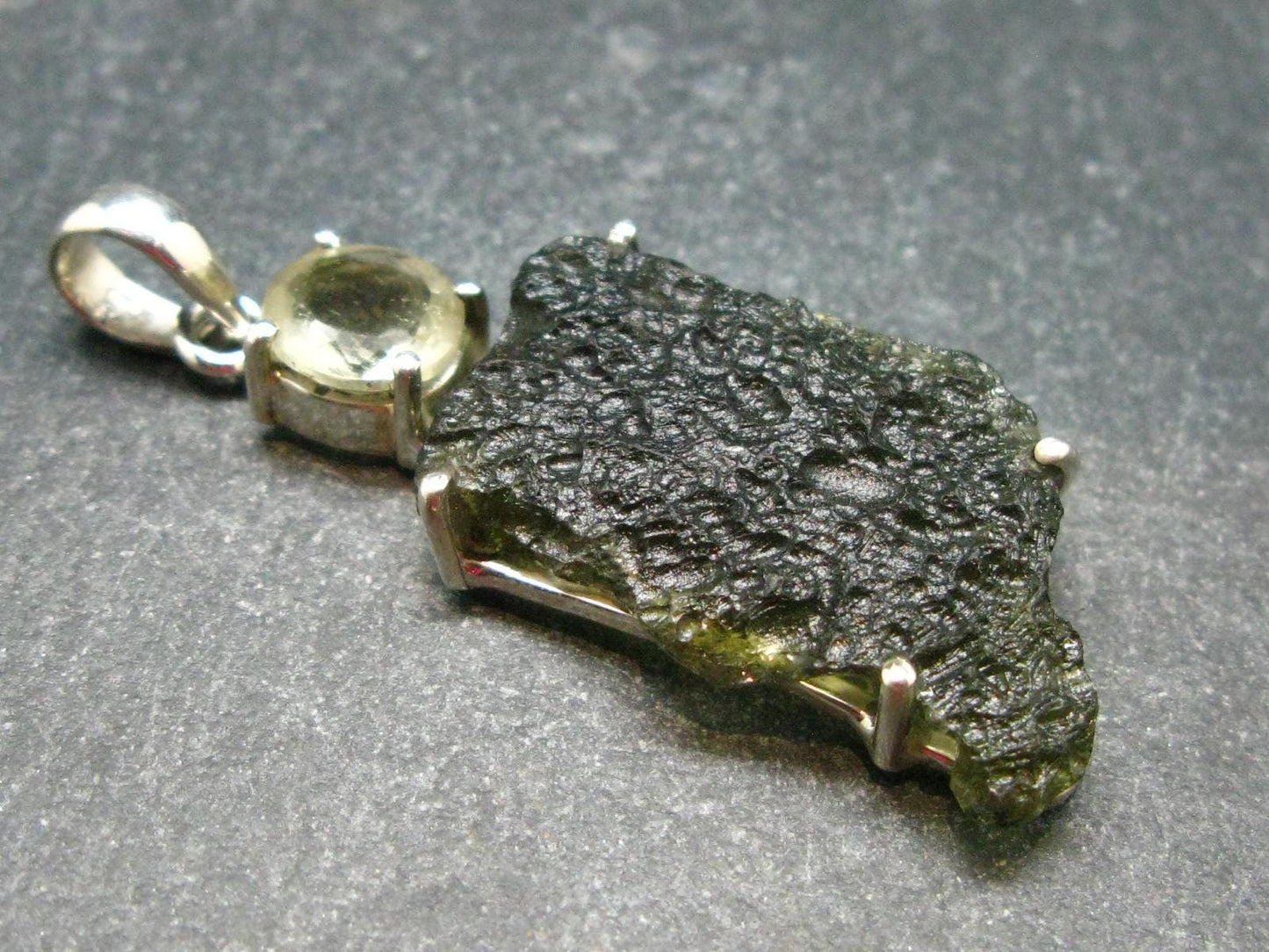 Raw Moldavite Tektite And Polished Libyan Tektite Silver Pendant - 2.0" - 8.01 Grams