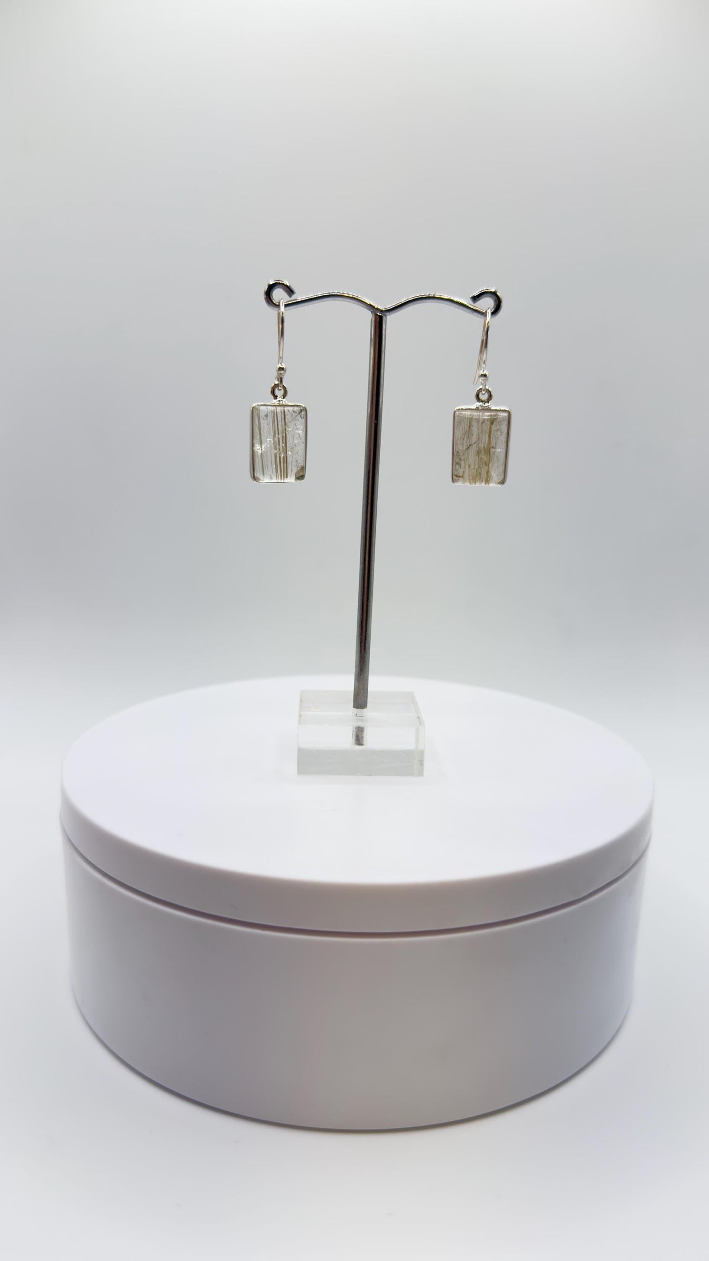 Rutilated Quartz Rectangle Drop Earrings – Natural Crystal Sterling Silver Dangle Jewelry