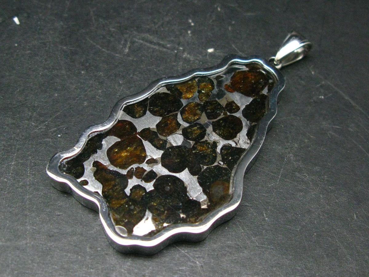 Brahin Meteorite Slice With Olivine Pallasite Pendant from Belarus - 1.4" - 21.54 Grams