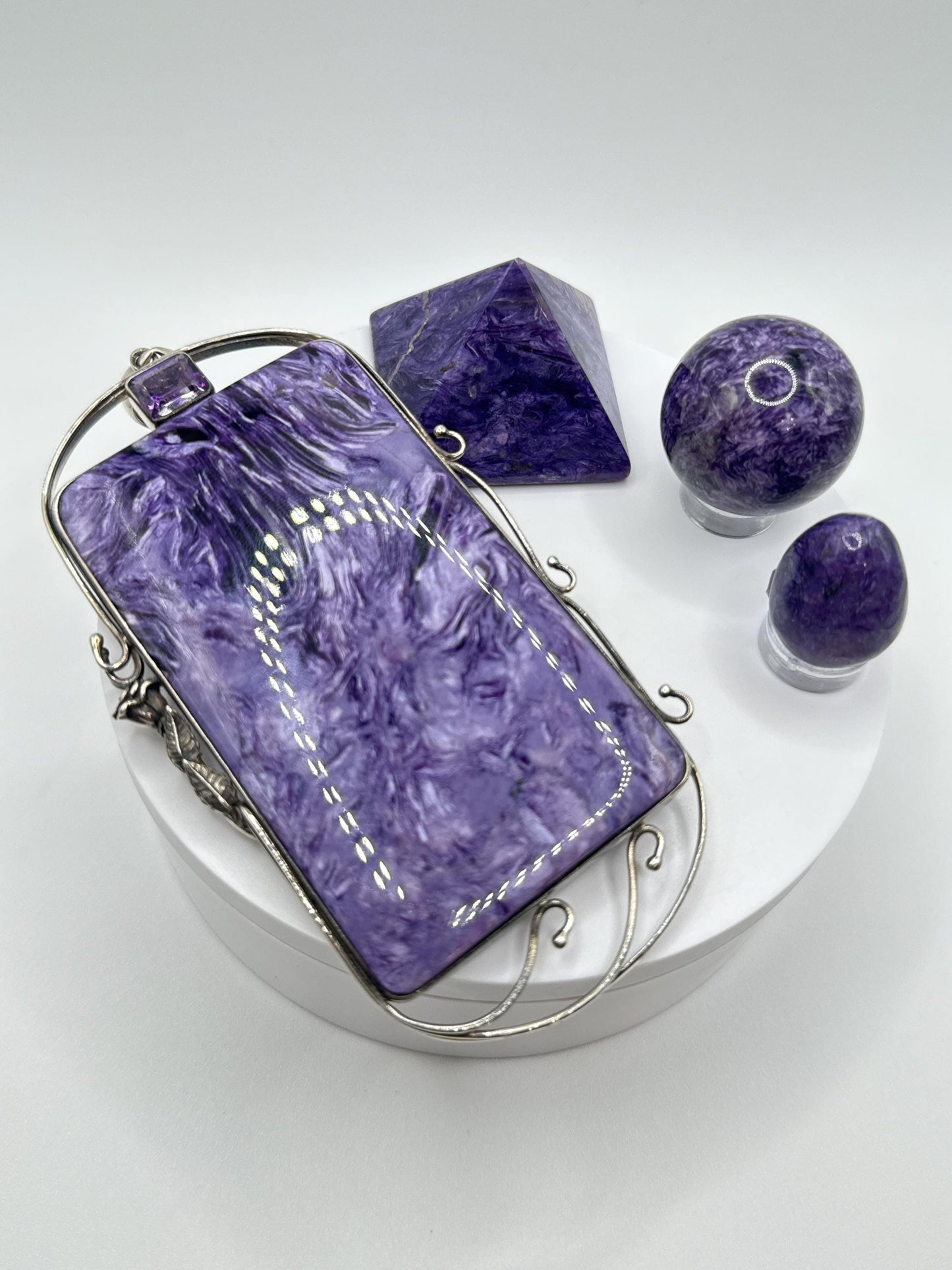 Charoite & Amethyst Sterling Silver Pendant - 78.52 Grams