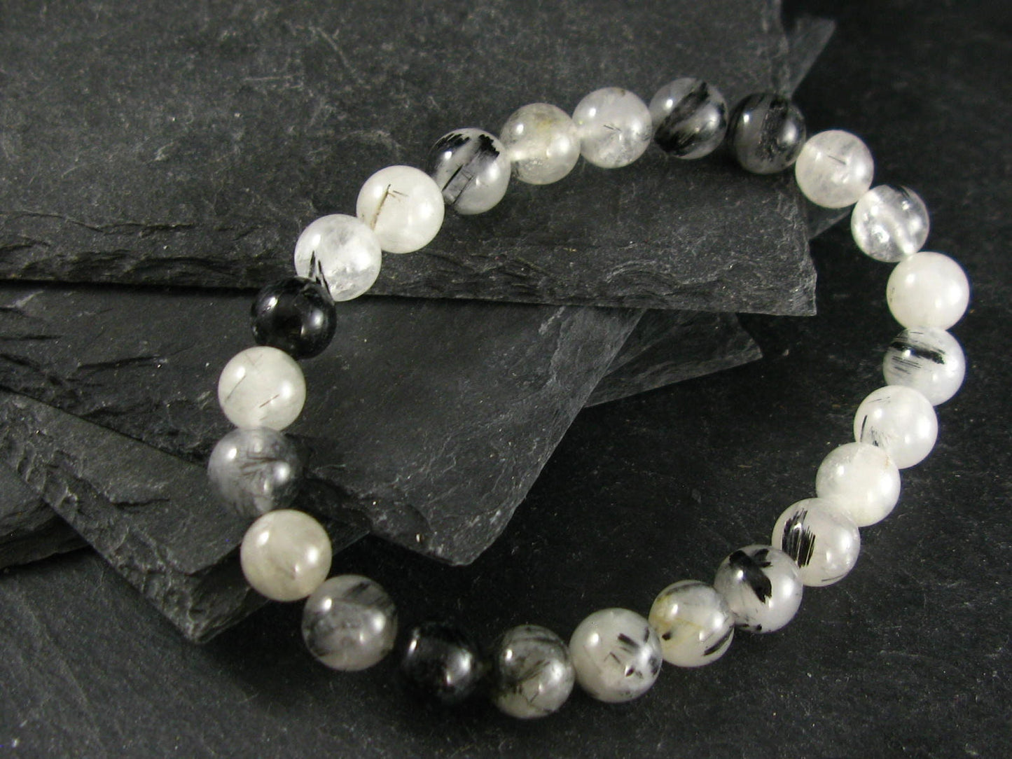 Tourmalinated Quartz w/ Black Tourmaline Genuine Bracelet ~ 7 Inches ~ 8mm Round Beads