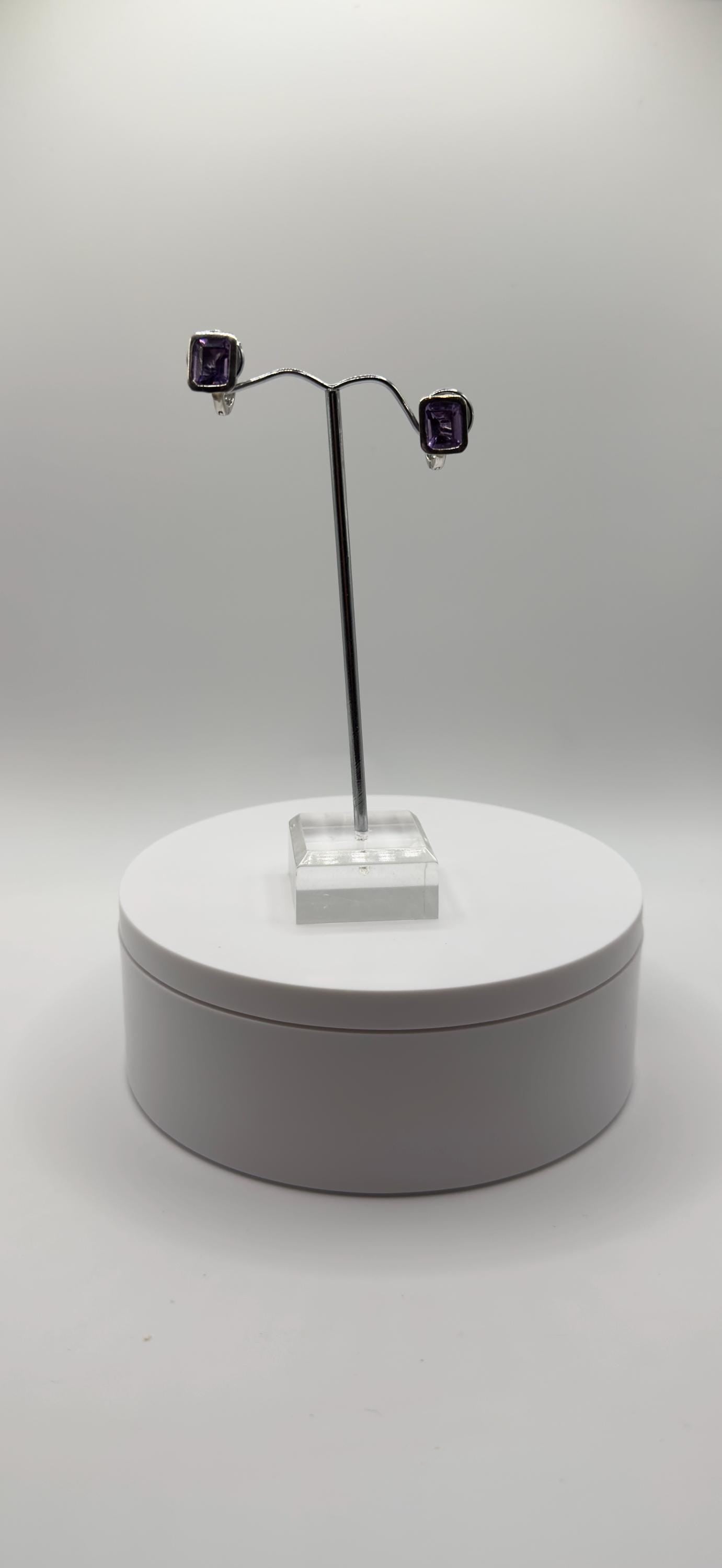 Minimalist Emerald-Cut Amethyst Earrings – Sterling Silver - Weight 4.45 Grams