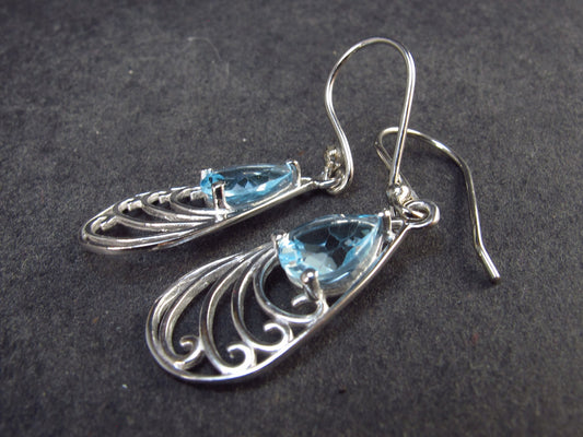 Faceted Natural Sky Blue Topaz Dangle 925 Silver Earrings from Brazil - 1.4" - 2.55 Grams