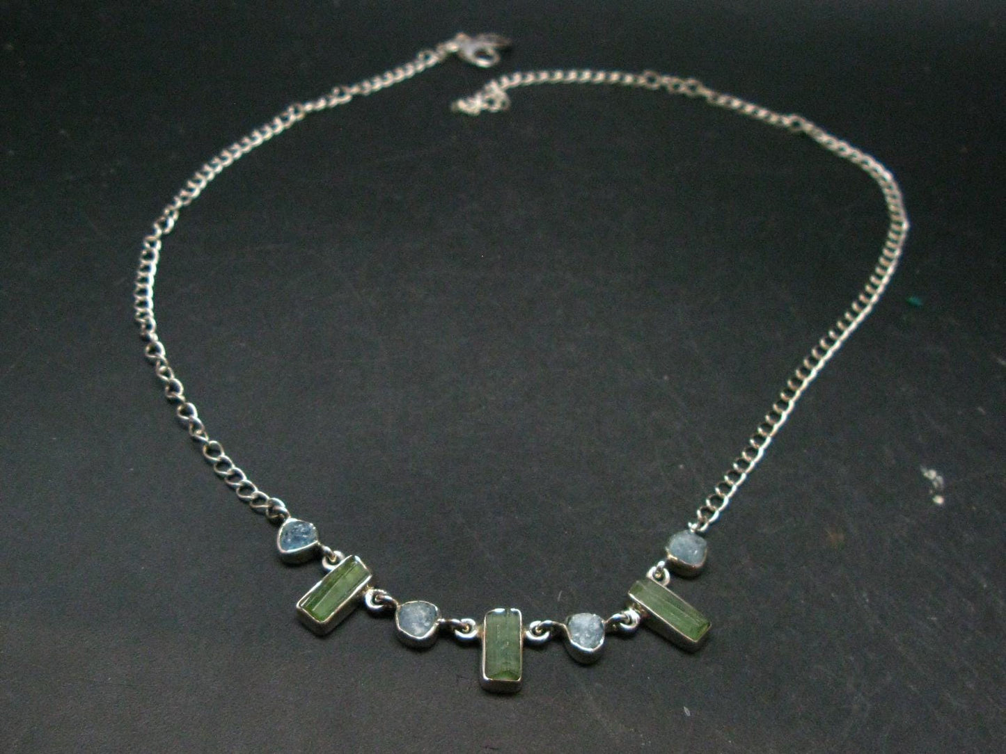 Green Tourmaline & Aquamarine Crystal Silver Necklace from Brazil - 18" - 9.05 Grams
