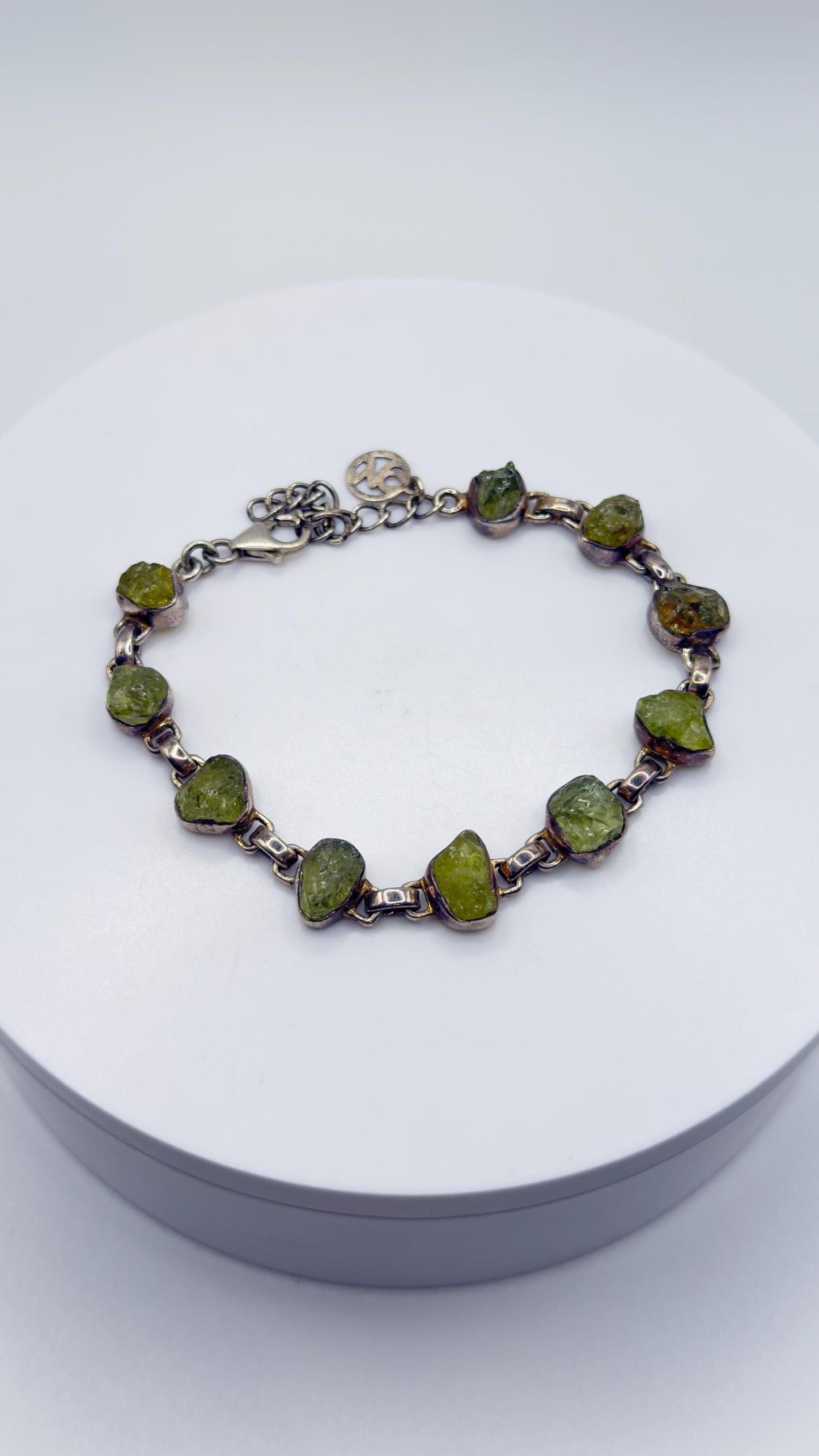 Chrysoberyl Raw Stone Bracelet Green Gemstone Silver Link Bracelet Natural Crystal Jewelry Gift