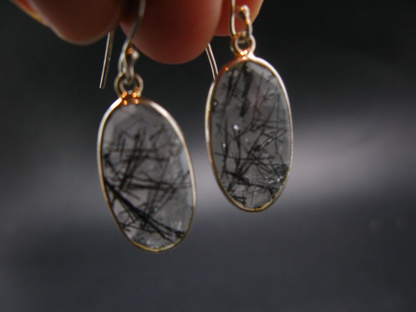 Large Tourmalinated Quartz Crystal Silver Earrings From Brazil - 1.4" - 3.80 Grams