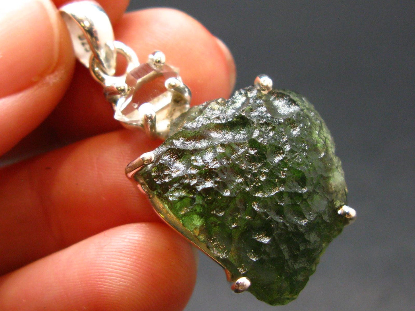Moldavite & Herkimer Diamond Silver Pendant - 1.5" - 5.8 Grams
