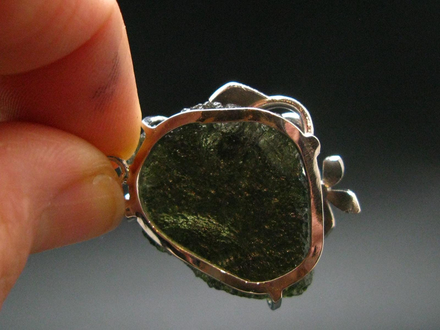 Moldavite Tektite Silver Clover Pendant from Czech Republic - 1.4" - 6.64 Grams