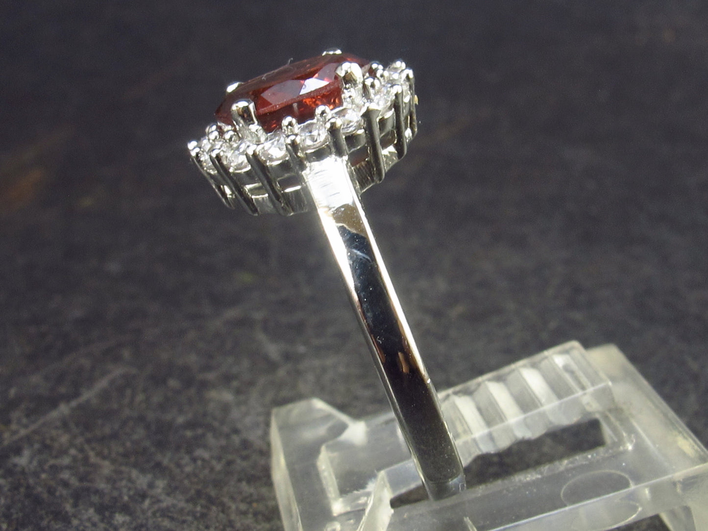 Natural Faceted Red Garnet Rhodium Plated Sterling Silver Ring with CZ - Size 7 - 2.90 Grams