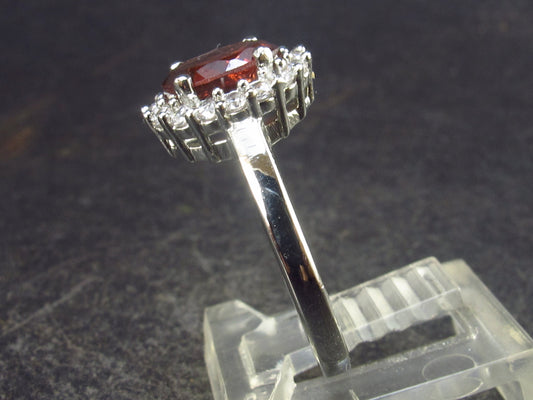 Natural Faceted Red Garnet Rhodium Plated Sterling Silver Ring with CZ - Size 7 - 2.90 Grams