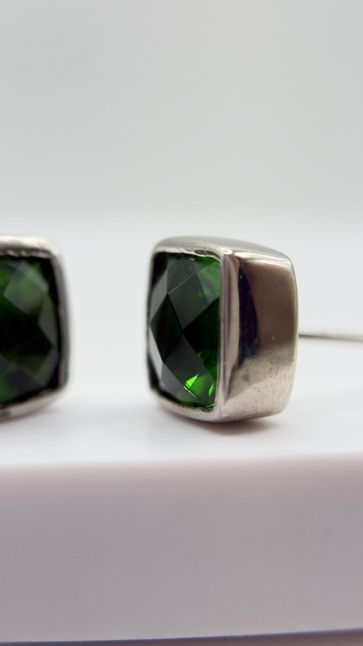 Green Helenite Stud Earrings – Square Cushion Cut Sterling Silver Studs