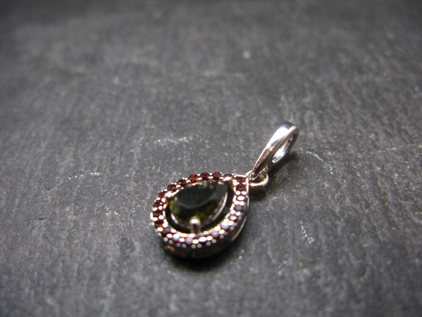 Moldavite Tektite & Red Garnet Silver Pendant from Czech Republic - 0.8"