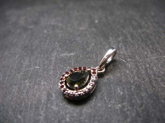 Moldavite Tektite & Red Garnet Silver Pendant from Czech Republic - 0.8"