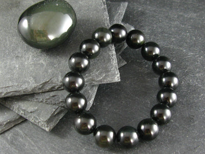 Black Obsidian Genuine Bracelet ~ 7 Inches ~ 12mm Round Beads