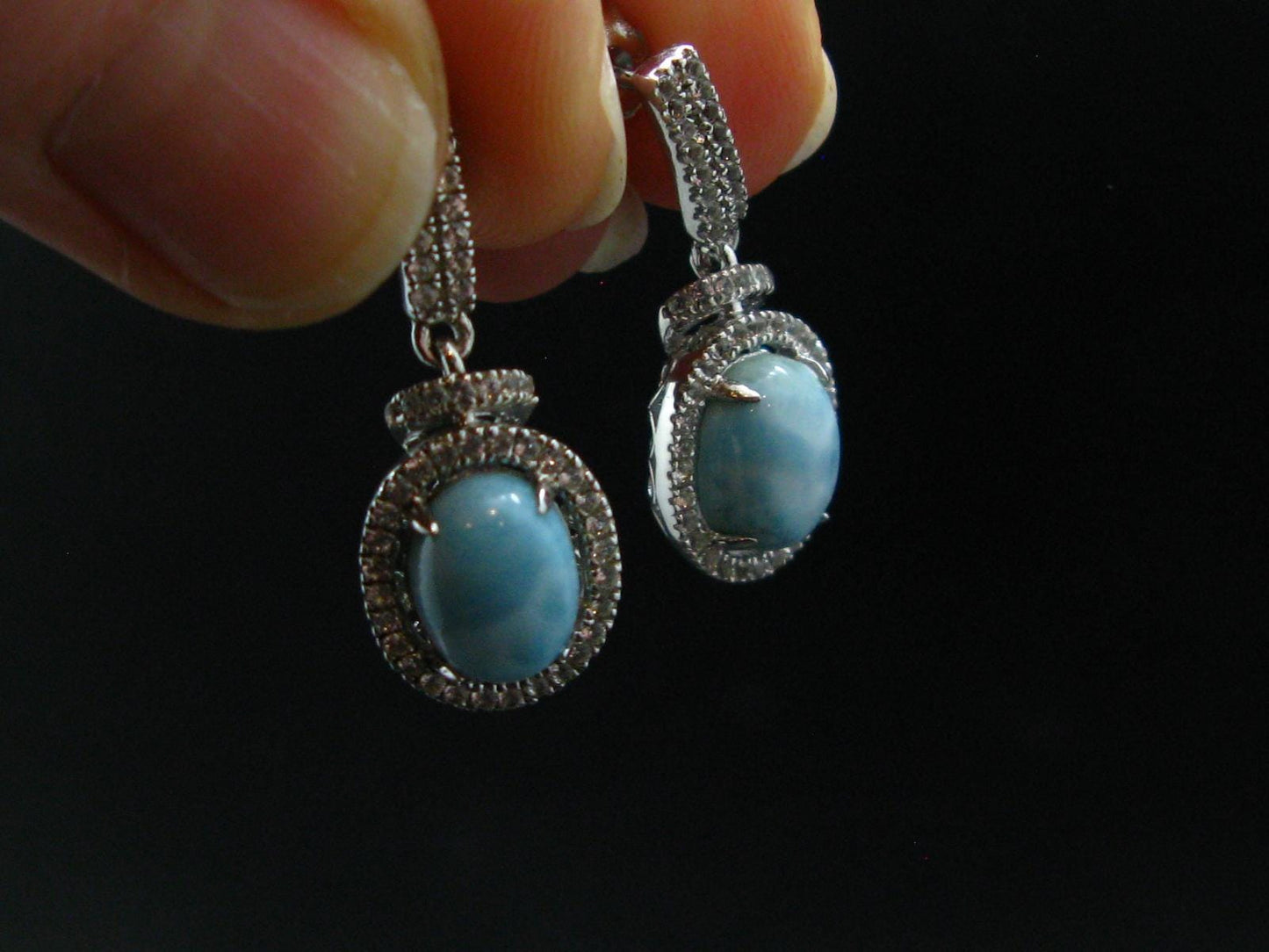 Natural Cabochon Larimar Pectolite 925 Sterling Silver Earrings from Dominican Republic - 4.33 Grams