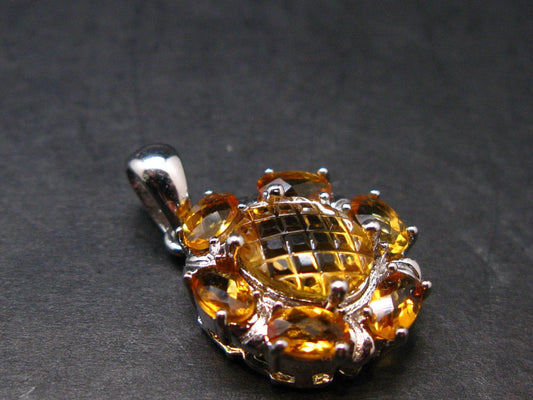 Yellow Citrine Gem Facetted Sterling Silver Pendant From Brazil With CZ - 0.9" - 3.16 Grams
