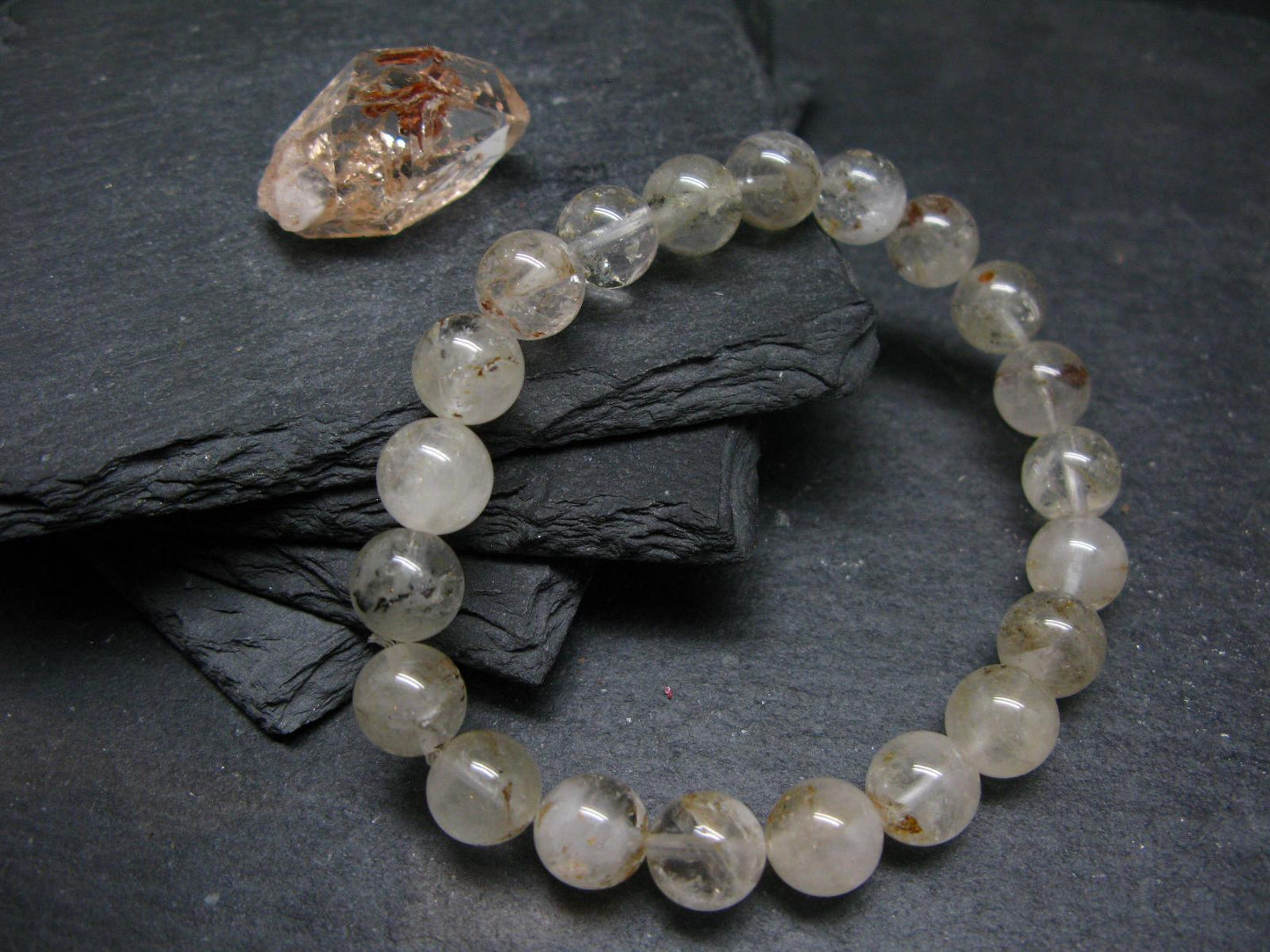 Rare Petroleum Oil In Quartz Crystal Bracelet - 7 Inches - 9mm Round Beads