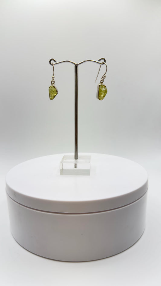 Chrysoberyl Raw Stone Earrings Green Yellow Gemstone Silver Dangle Earrings Minimalist Jewelry Gift