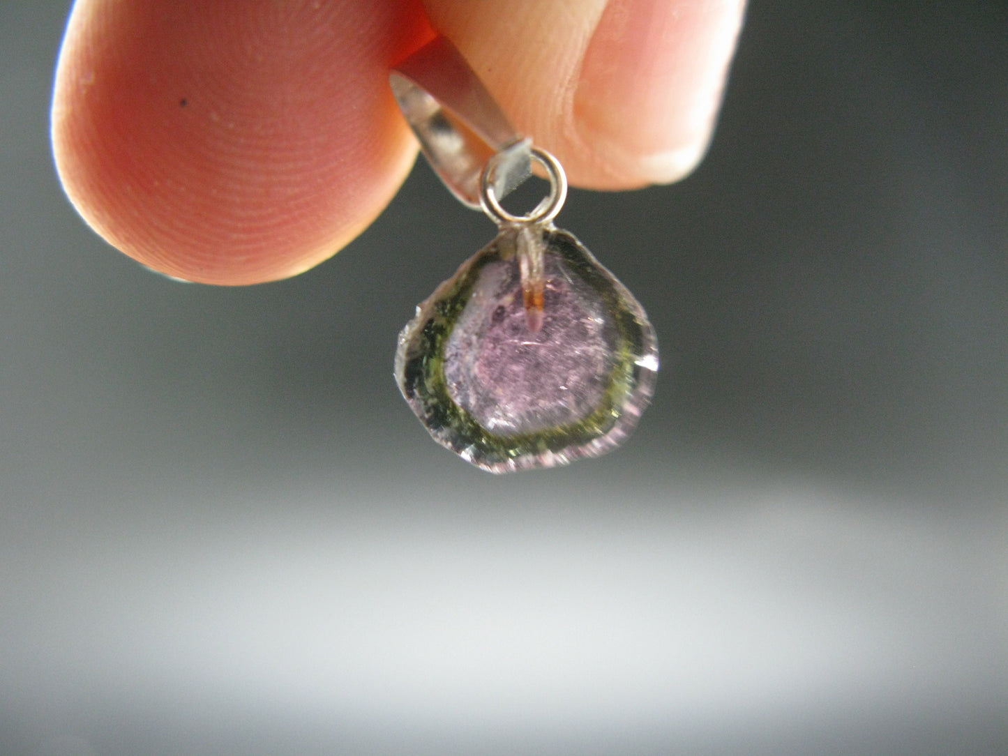 Rare Green & Red Gem Watermelon Tourmaline Crystal Slice Silver Pendant From Brazil - 0.7" - 0.64 Grams