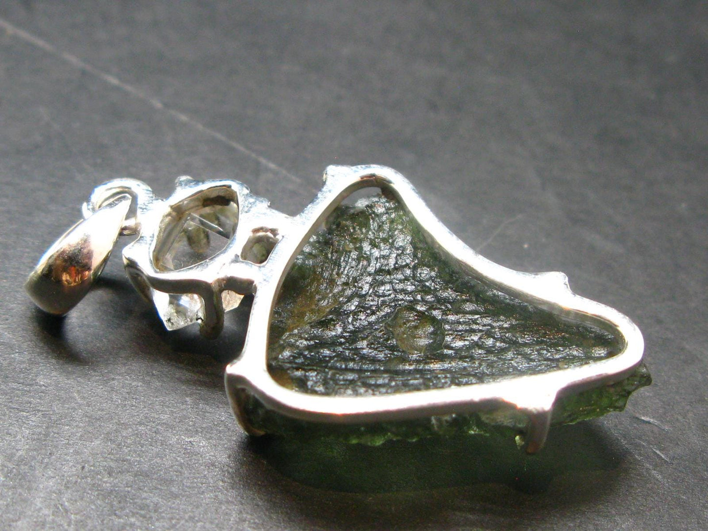 Moldavite & Herkimer Diamond Silver Pendant - 1.7" - 6.7 Grams