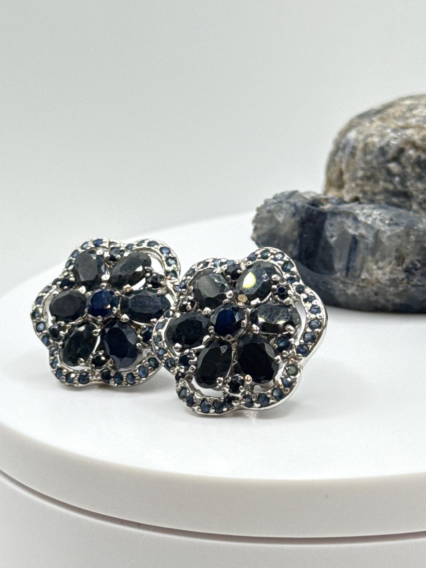 Floral Sapphire Earrings | Natural Blue Sapphire Jewelry | Sterling Silver Stud Earrings | September Birthstone Gift - Weight 15.58 Grams