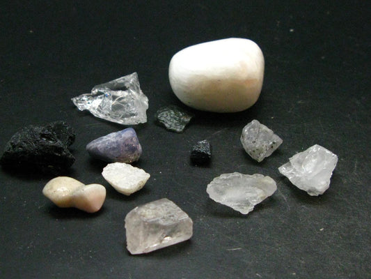 Synergy 12 Set Phenakite Moldavite Natrolite Petalite Danburite Tektite Scolecite Herderite Tanzanite Brookite 56.57 Gr