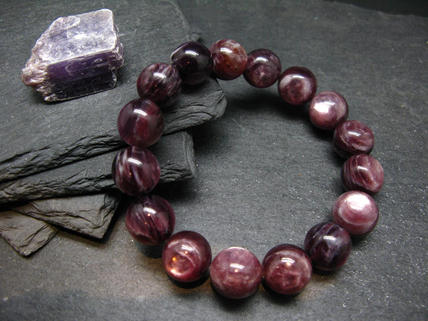 Lepidolite Genuine Bracelet ~ 7.5 Inches ~ 14mm Round Beads