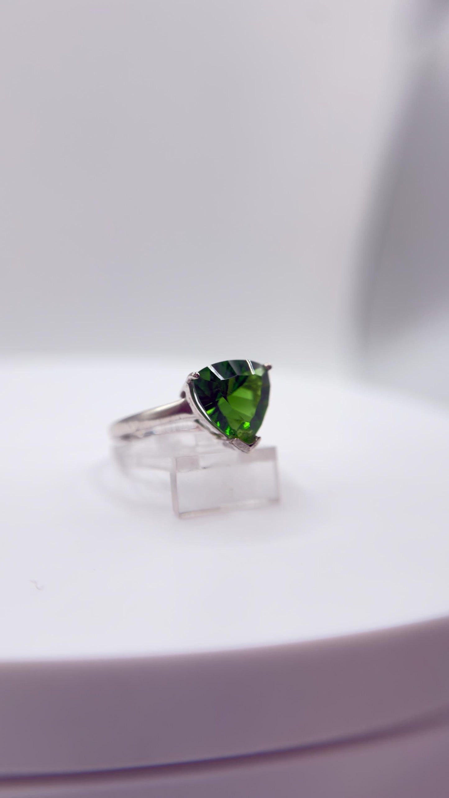 Green Helenite Trillion Cut Ring – Sterling Silver Faceted Gemstone Statement Ring