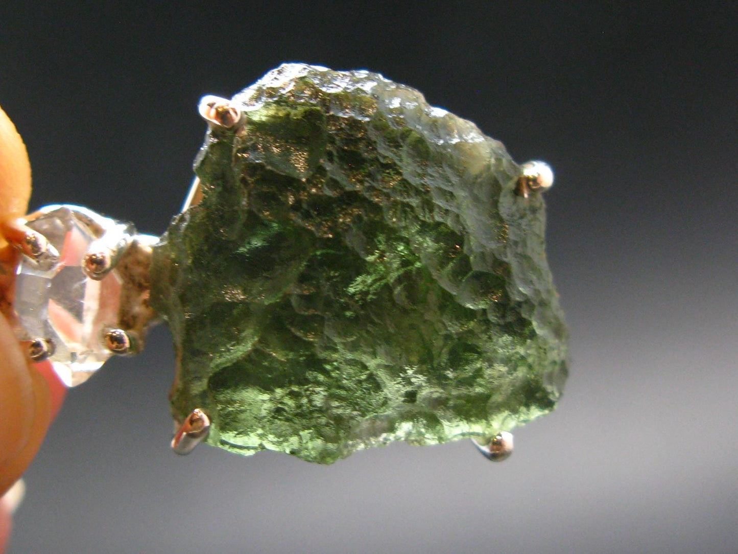 Moldavite & Herkimer Diamond Silver Pendant - 1.5" - 5.8 Grams