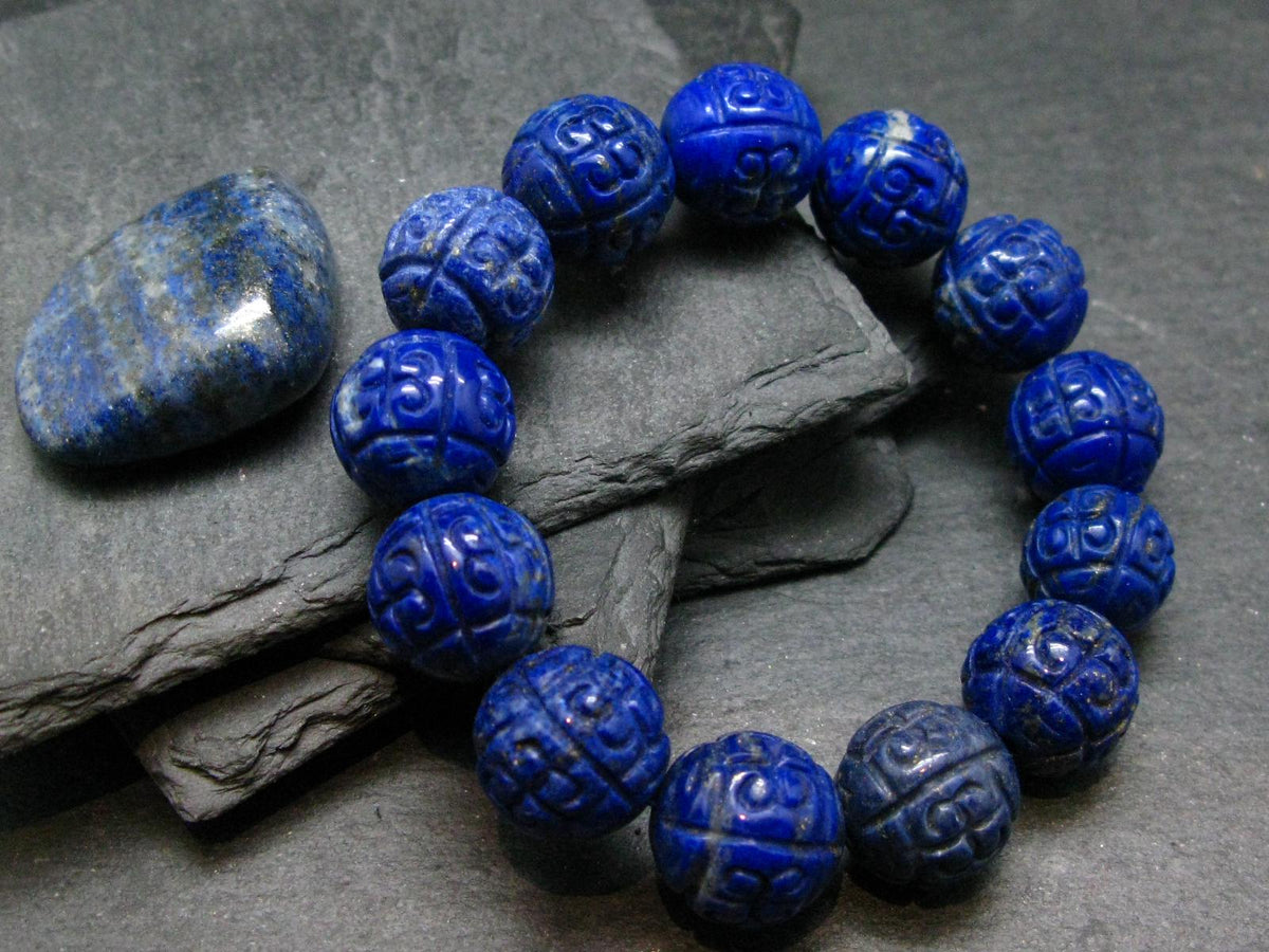 Lapis Lazuli Lazurite Genuine Bracelet ~ 7 Inches ~ 15mm Carved Beads