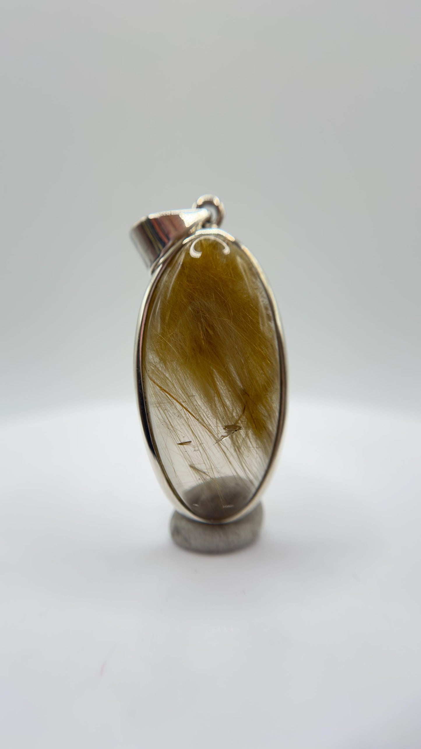 Golden Needle Inclusion Quartz Pendant – Natural Crystal Cabochon in Sterling Silver
