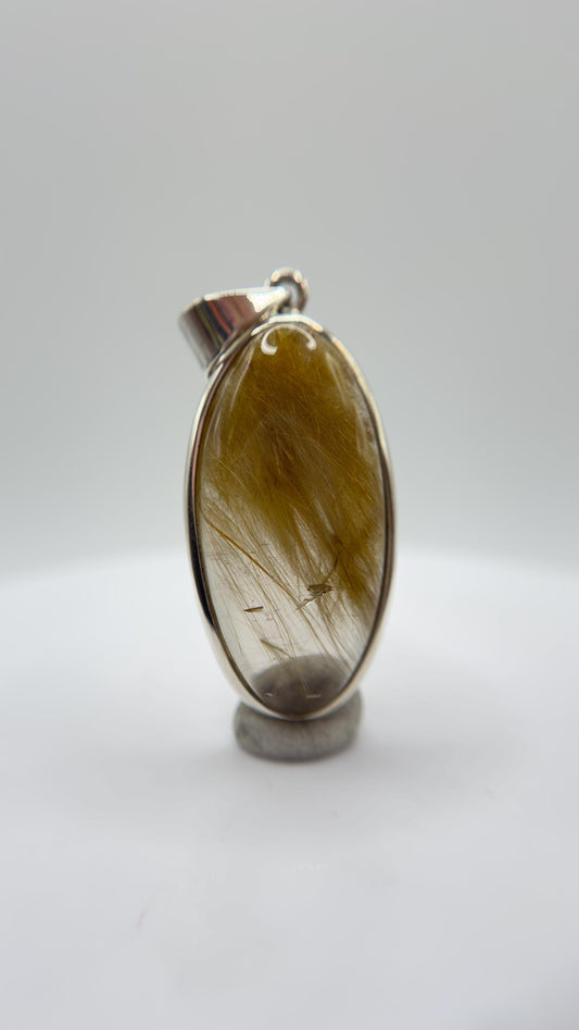 Golden Needle Inclusion Quartz Pendant – Natural Crystal Cabochon in Sterling Silver