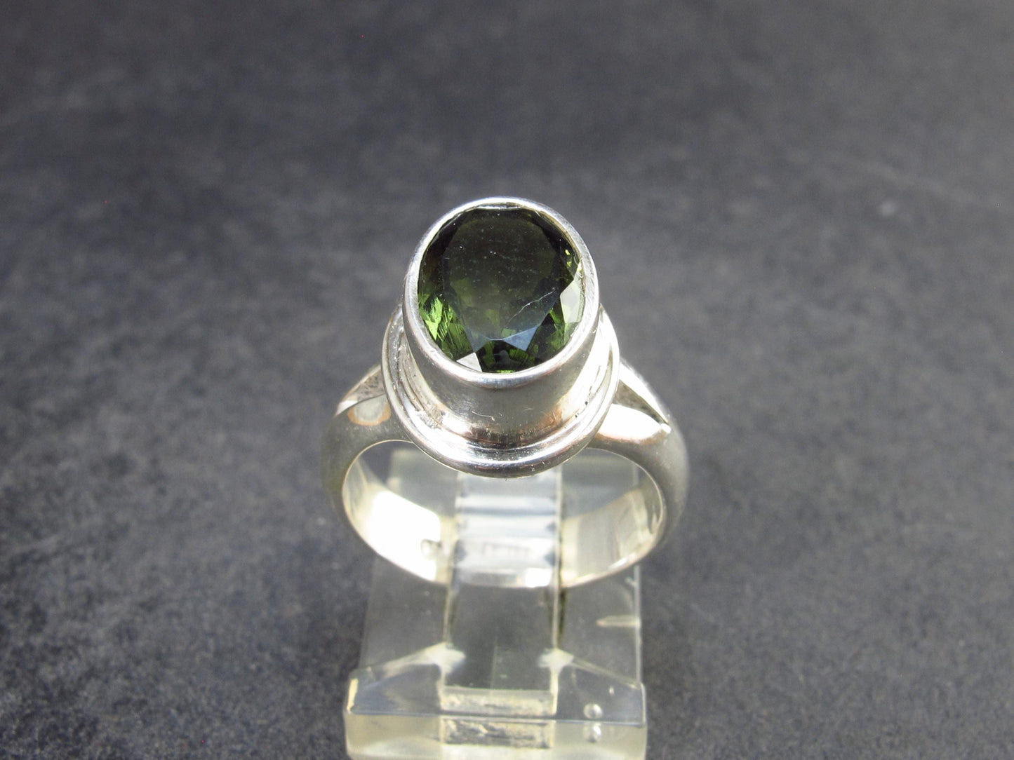 Moldavite Tektite Facetted Silver Ring from Czech Republic - Size 6 - 6.04 Grams